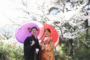 京都・嵐山で記念撮影